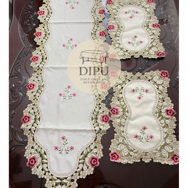 Luxurious Floral Embroidered Table Runner Set